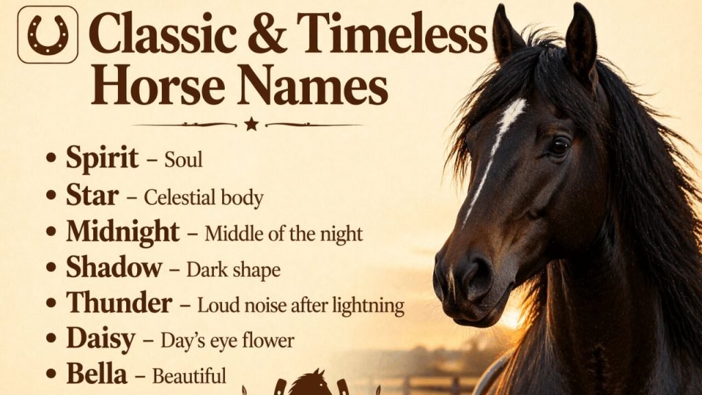 Home 19 Classic & Timeless Horse Names like spirit, star and midnight. this list is for horse names if you are choosing first time.