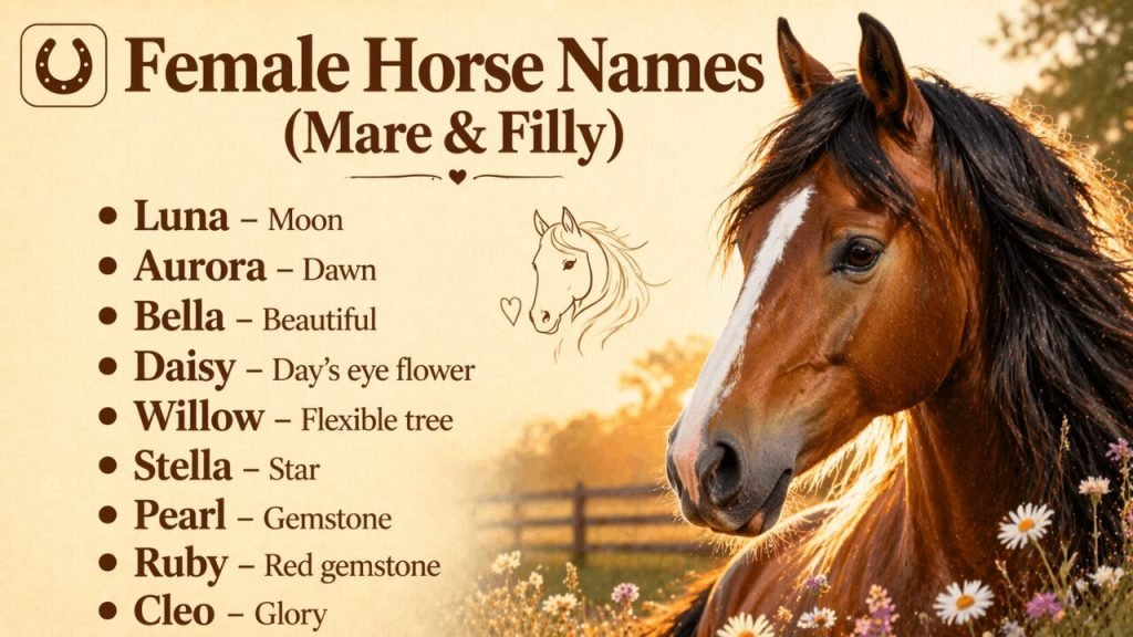 Home 15 Female Horse Names (Mare & Filly) this image cantain names for females, mares, filly horses.