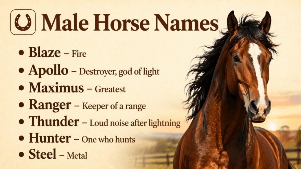 Home 14 Male Horse Names (Stallion, Gelding, Colt) this image cantains names for stallion, geldings and colts.