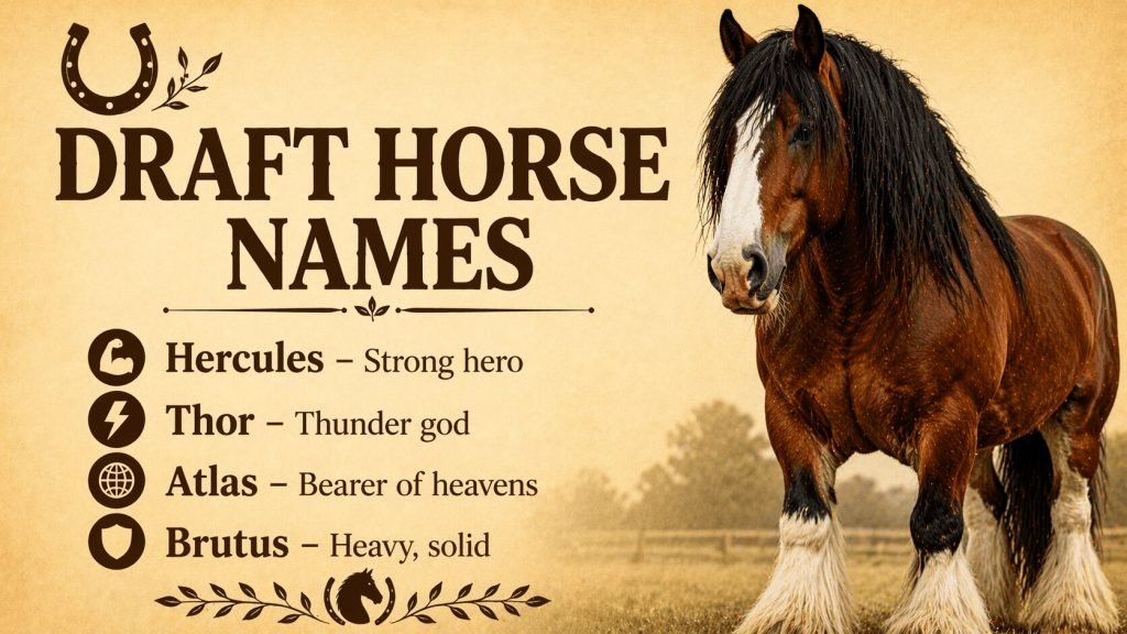 Home 25 this image cantains Draft Horse Names with light brown color background and dark brown text and a cute horse.