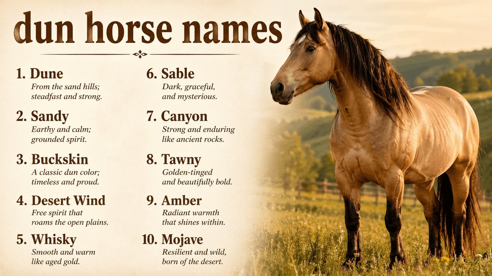 in this image we have included dun horse names for your stable or equine partner. you can use these names to name your stable, stallion or gelding horse.