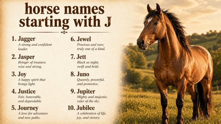 Explore horse names starting with J with meanings for stallions, mares, geldings, and fillies. Find unique, simple, and meaningful J horse names.