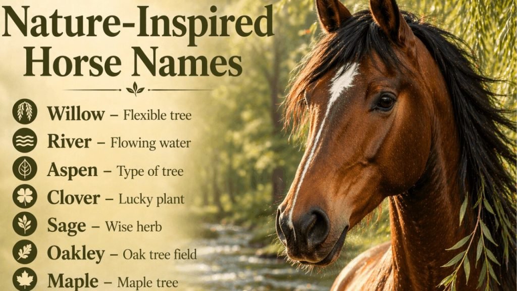 Home 22 these are nature inspired horse names for your stable or race horse, this image have 10 names like river, clover, sage etc.